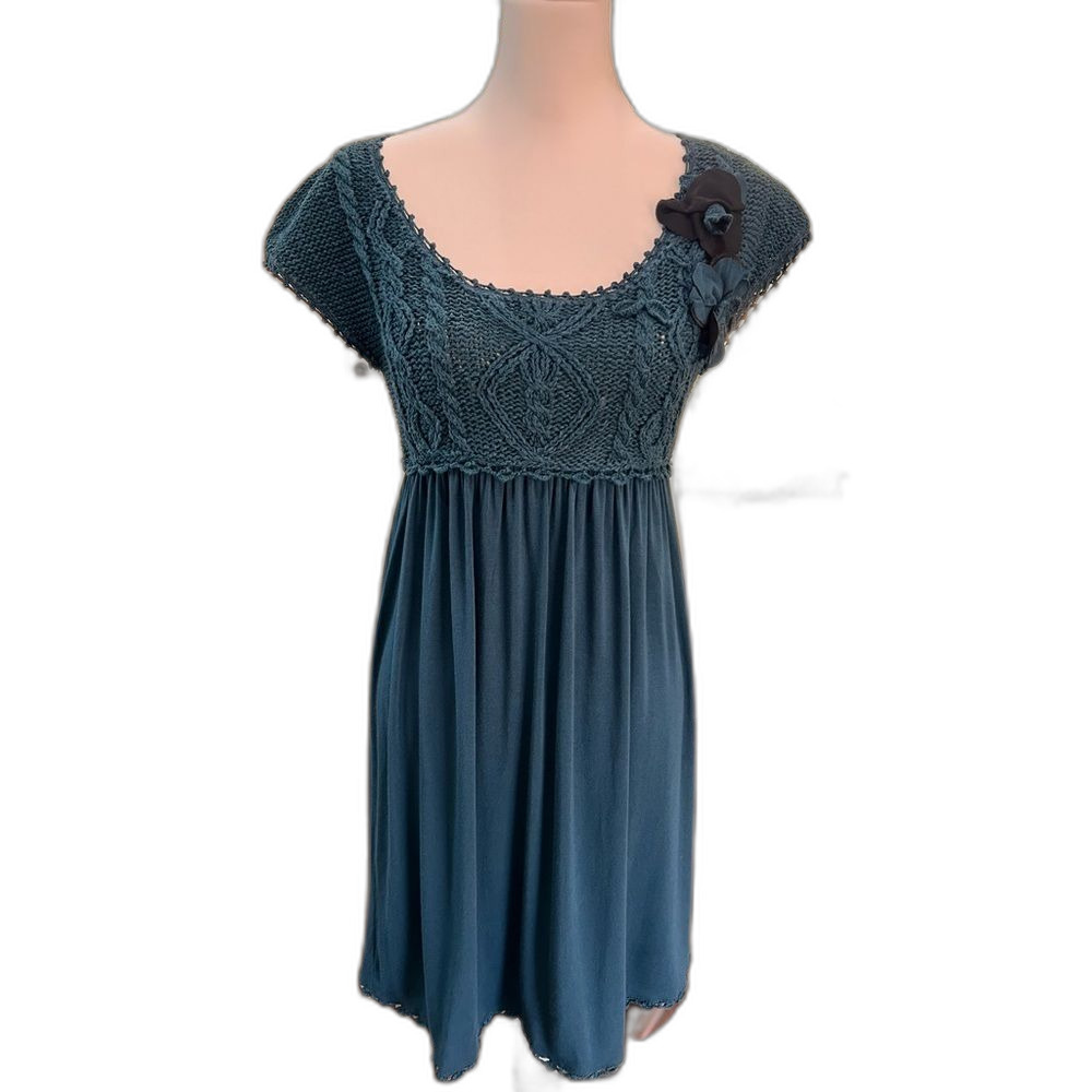 Teal Knit Linen-Blend Fairy Cottagecore Empire Waist Dress S Anthropologie Moth